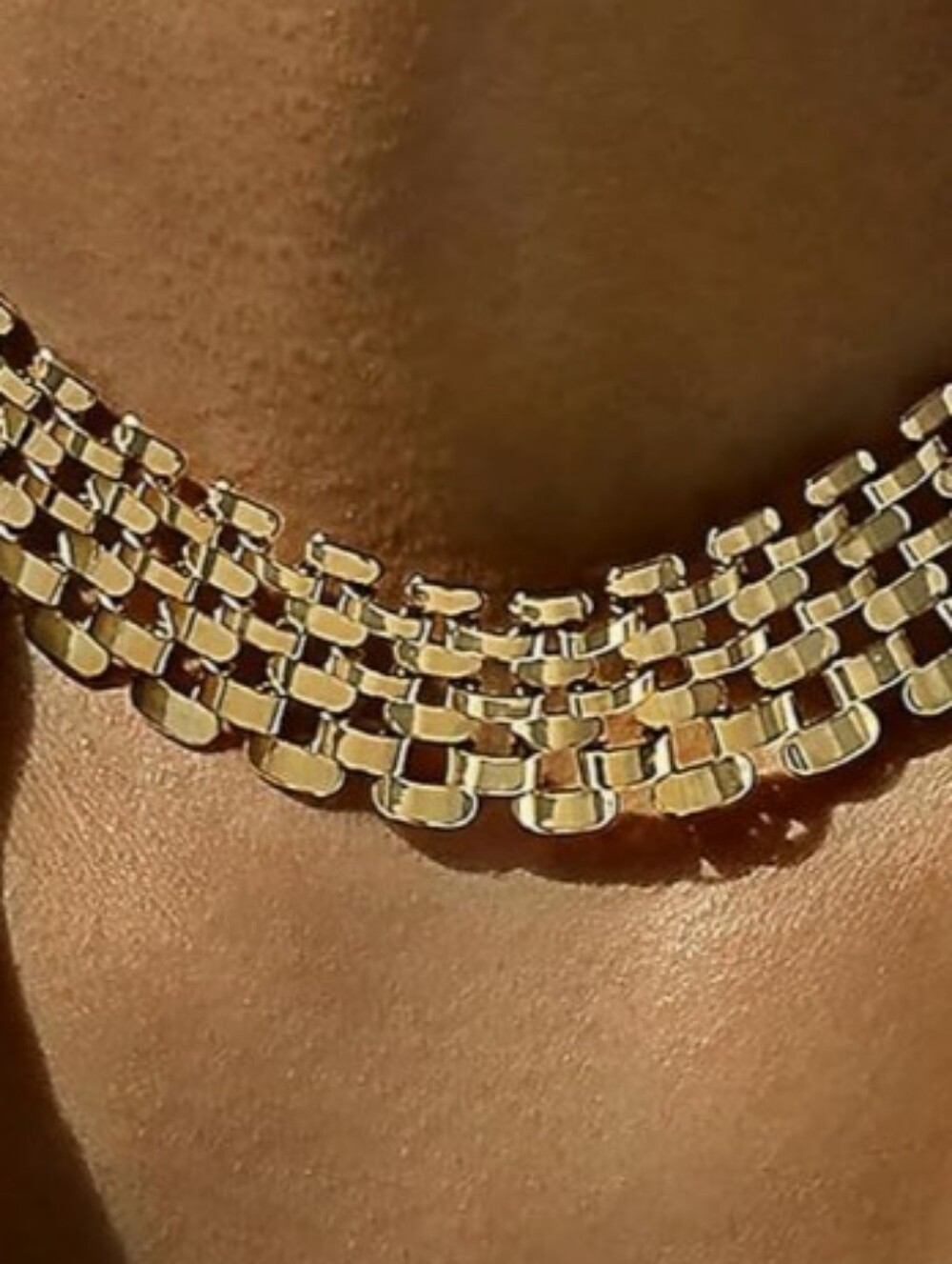 Chunky Gold Plated Link Statement Collar Necklace Wide Mesh Clasp Choker Vintage